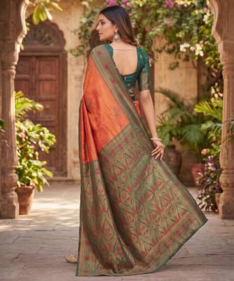 ORANGE GREEN ART SILK BANARASI JACUARD WORK SAREE WITH UNSTITCHED BLOUSE PIECE 3