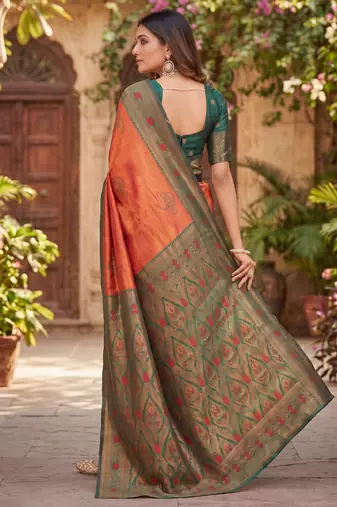 ORANGE GREEN ART SILK BANARASI JACUARD WORK SAREE WITH UNSTITCHED BLOUSE PIECE