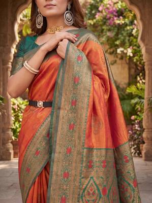 ORANGE GREEN ART SILK BANARASI JACUARD WORK SAREE WITH UNSTITCHED BLOUSE PIECE 4