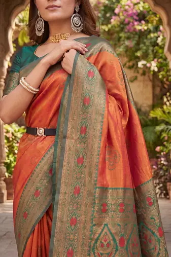 ORANGE GREEN ART SILK BANARASI JACUARD WORK SAREE WITH UNSTITCHED BLOUSE PIECE