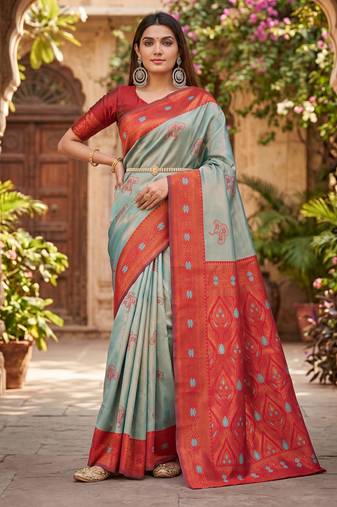 RAMA RED ART SILK BANARASI JACUARD WORK SAREE WITH UNSTITCHED BLOUSE PIECE