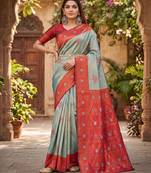 RAMA RED ART SILK BANARASI JACUARD WORK SAREE WITH UNSTITCHED BLOUSE PIECE
