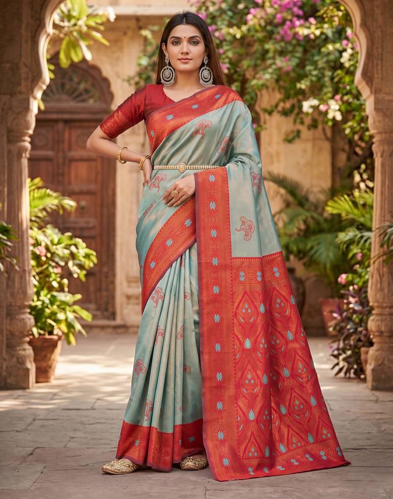 RAMA RED ART SILK BANARASI JACUARD WORK SAREE WITH UNSTITCHED BLOUSE PIECE