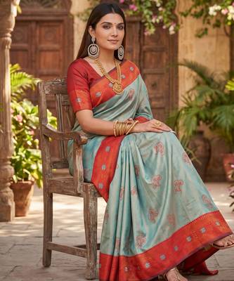 RAMA RED ART SILK BANARASI JACUARD WORK SAREE WITH UNSTITCHED BLOUSE PIECE 2