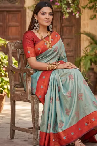 RAMA RED ART SILK BANARASI JACUARD WORK SAREE WITH UNSTITCHED BLOUSE PIECE