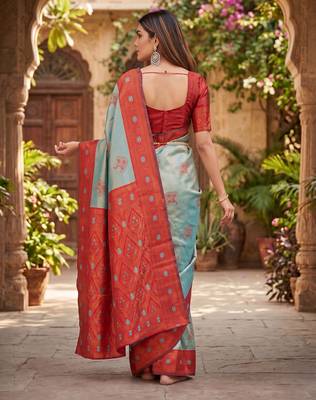 RAMA RED ART SILK BANARASI JACUARD WORK SAREE WITH UNSTITCHED BLOUSE PIECE 3
