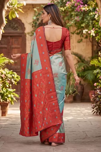 RAMA RED ART SILK BANARASI JACUARD WORK SAREE WITH UNSTITCHED BLOUSE PIECE