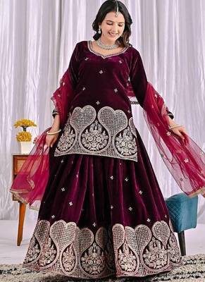wine viscous velvet party wear embroidery sharara suit set 1