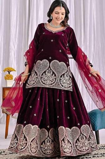 wine viscous velvet party wear embroidery sharara suit set