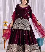 wine viscous velvet party wear embroidery sharara suit set