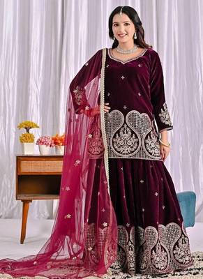 wine viscous velvet party wear embroidery sharara suit set 2