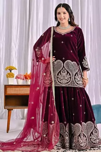 wine viscous velvet party wear embroidery sharara suit set