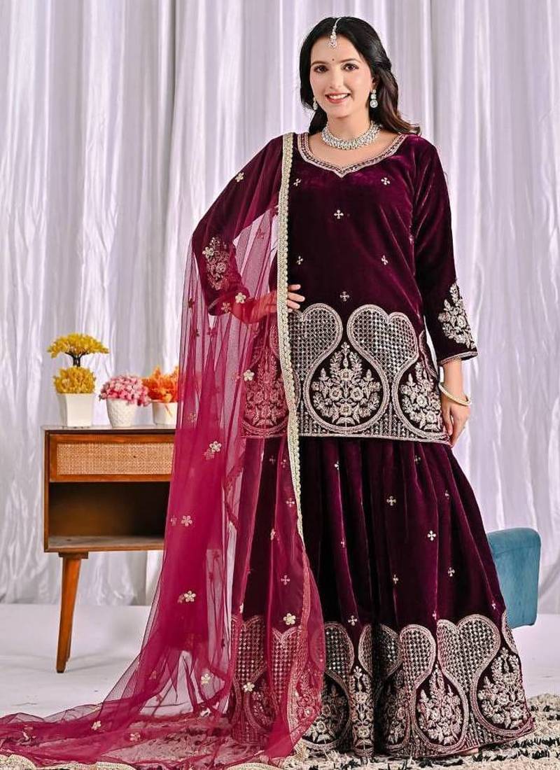 wine viscous velvet party wear embroidery sharara suit set
