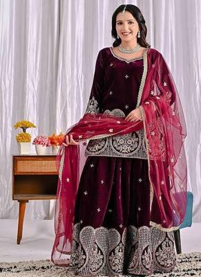 wine viscous velvet party wear embroidery sharara suit set 3