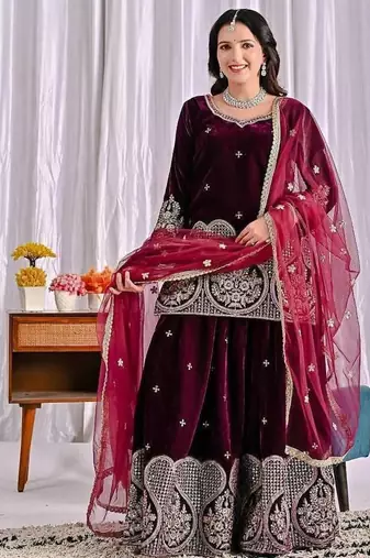 wine viscous velvet party wear embroidery sharara suit set