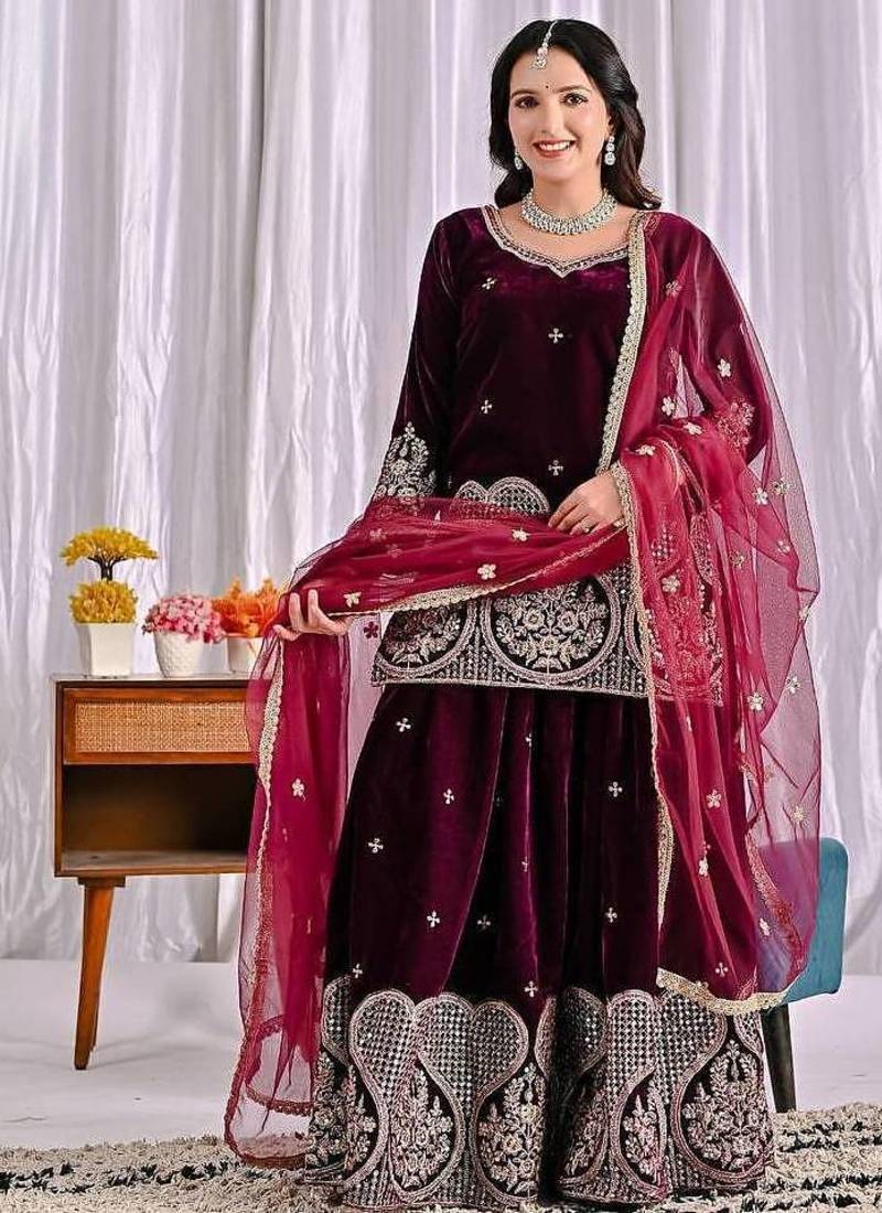 wine viscous velvet party wear embroidery sharara suit set