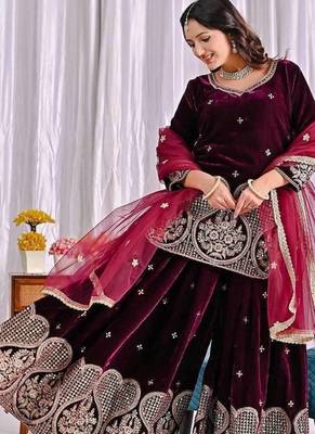 wine viscous velvet party wear embroidery sharara suit set 4