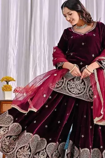 wine viscous velvet party wear embroidery sharara suit set