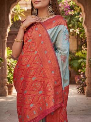 RAMA RED ART SILK BANARASI JACUARD WORK SAREE WITH UNSTITCHED BLOUSE PIECE 4