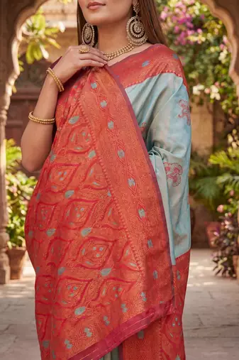 RAMA RED ART SILK BANARASI JACUARD WORK SAREE WITH UNSTITCHED BLOUSE PIECE