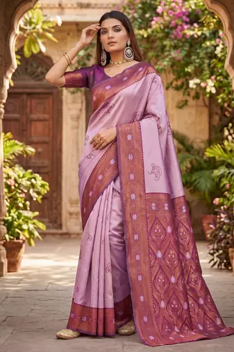 PURPLE WINE ART SILK BANARASI JACUARD WORK SAREE WITH UNSTITCHED BLOUSE PIECE