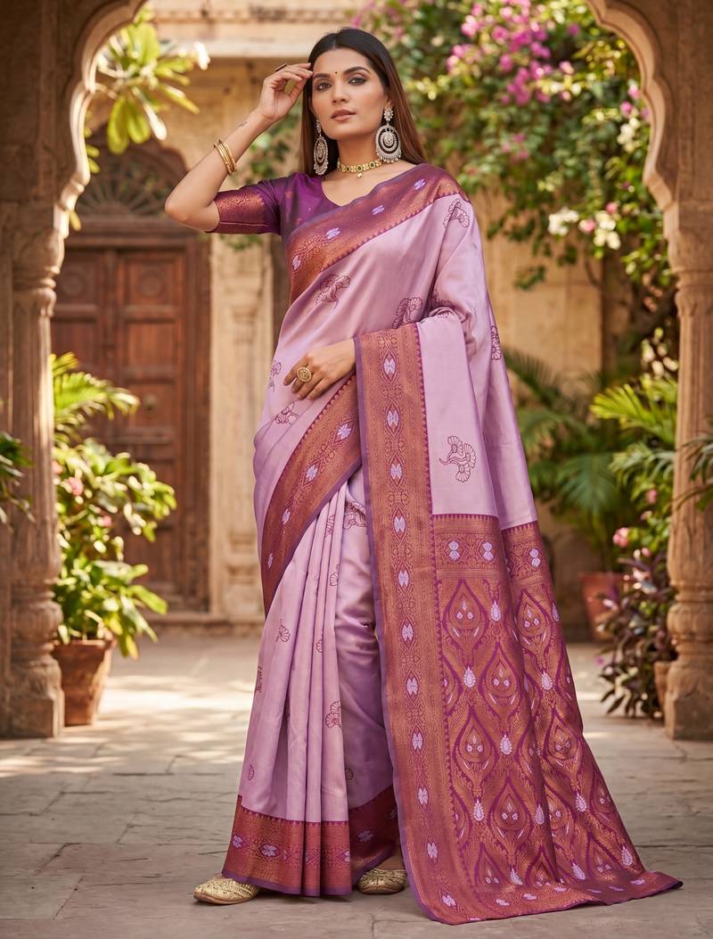 PURPLE WINE ART SILK BANARASI JACUARD WORK SAREE WITH UNSTITCHED BLOUSE PIECE