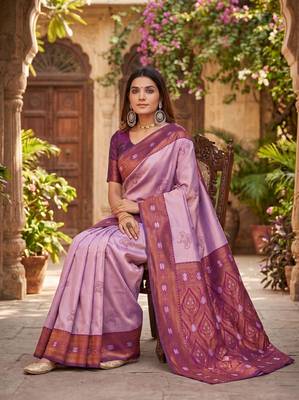 PURPLE WINE ART SILK BANARASI JACUARD WORK SAREE WITH UNSTITCHED BLOUSE PIECE 2
