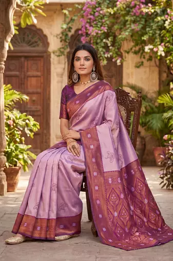 PURPLE WINE ART SILK BANARASI JACUARD WORK SAREE WITH UNSTITCHED BLOUSE PIECE