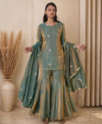 Champagne silk blend embroidered sharara set 1