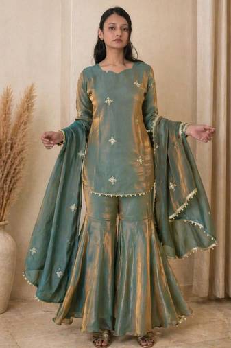 Champagne silk blend embroidered sharara set