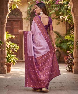 PURPLE WINE ART SILK BANARASI JACUARD WORK SAREE WITH UNSTITCHED BLOUSE PIECE 3