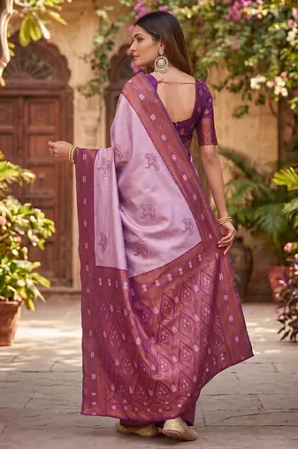 PURPLE WINE ART SILK BANARASI JACUARD WORK SAREE WITH UNSTITCHED BLOUSE PIECE