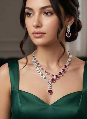 heart ruby red cz necklace earrings set, silver plated bridal jewellery 1