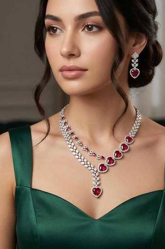 heart ruby red cz necklace earrings set, silver plated bridal jewellery