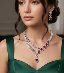 heart ruby red cz necklace earrings set, silver plated bridal jewellery