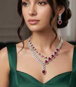 heart ruby red cz necklace earrings set, silver plated bridal jewellery