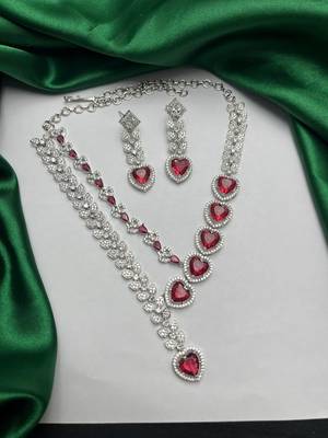 heart ruby red cz necklace earrings set, silver plated bridal jewellery 2