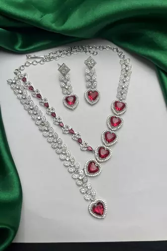 heart ruby red cz necklace earrings set, silver plated bridal jewellery