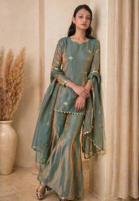 Champagne silk blend embroidered sharara set 3