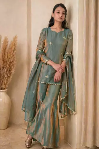 Champagne silk blend embroidered sharara set