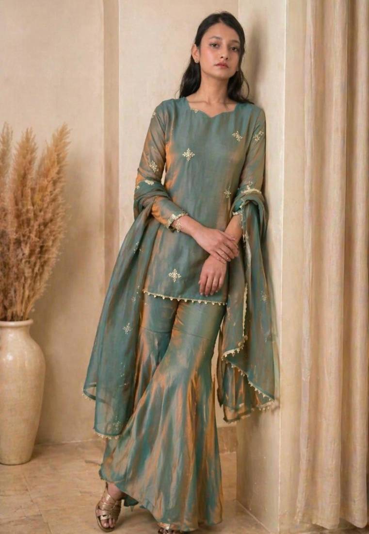 Champagne silk blend embroidered sharara set