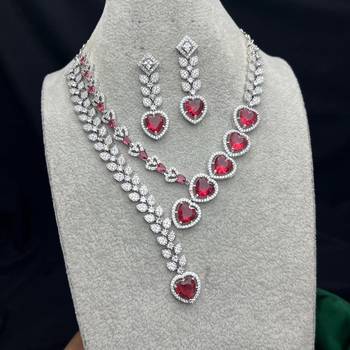 heart ruby red cz necklace earrings set, silver plated bridal jewellery 3