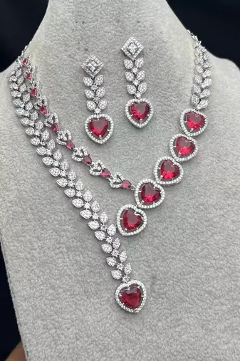 heart ruby red cz necklace earrings set, silver plated bridal jewellery