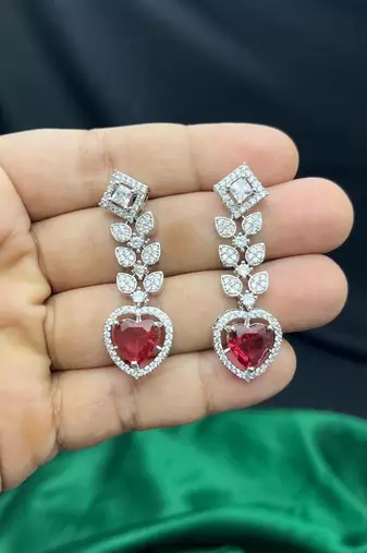 heart ruby red cz necklace earrings set, silver plated bridal jewellery