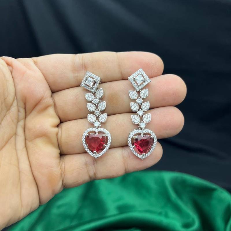 heart ruby red cz necklace earrings set, silver plated bridal jewellery