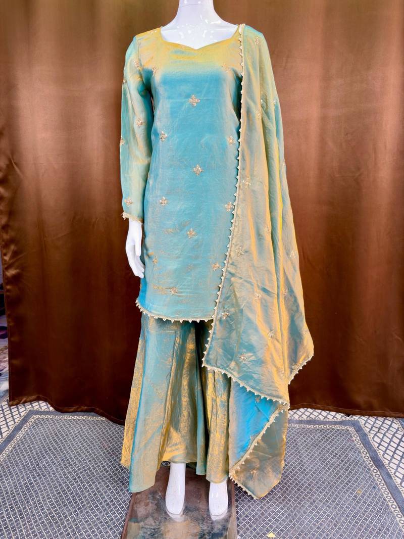 Champagne silk blend embroidered sharara set