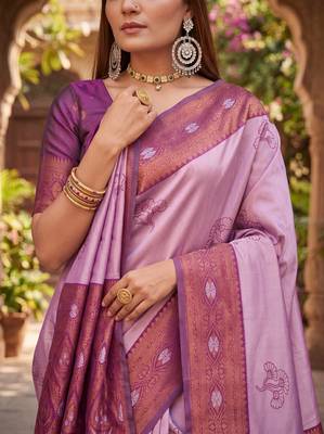 PURPLE WINE ART SILK BANARASI JACUARD WORK SAREE WITH UNSTITCHED BLOUSE PIECE 4