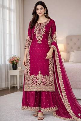 Rani-pink silk blend embroidered palazzo set 1