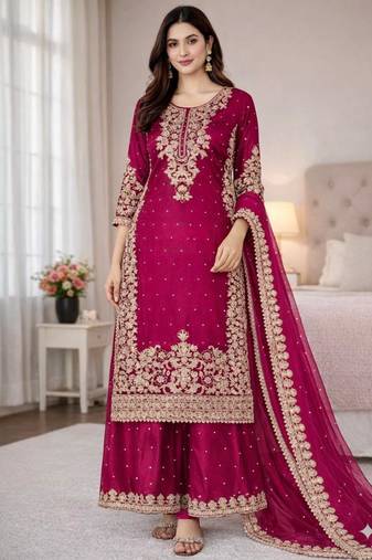 Rani-pink silk blend embroidered palazzo set