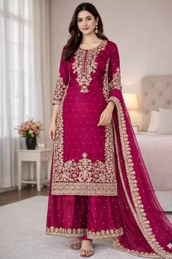 Rani-pink silk blend embroidered palazzo set